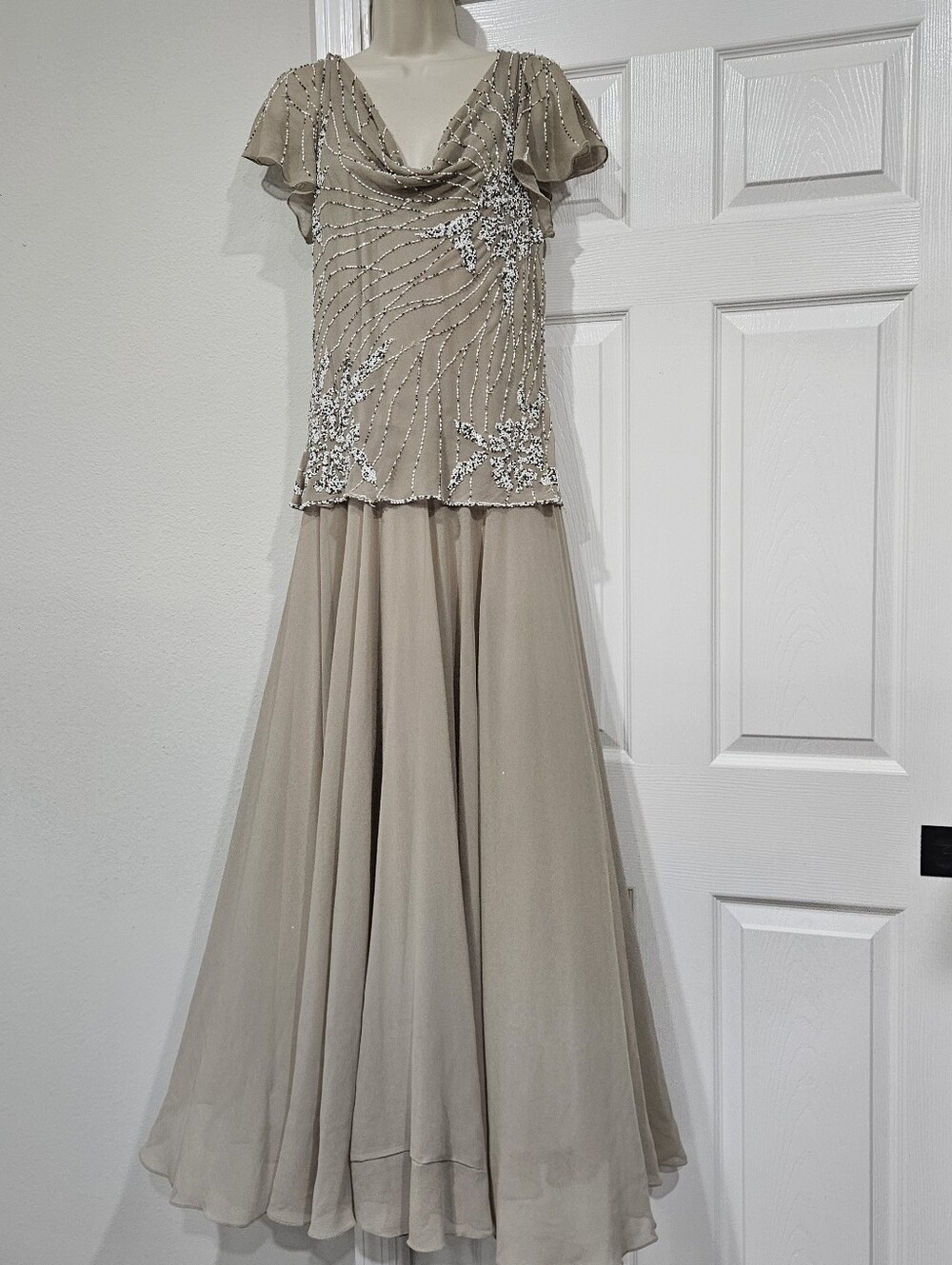 JKARA Taupe Beaded Chiffon  Dress